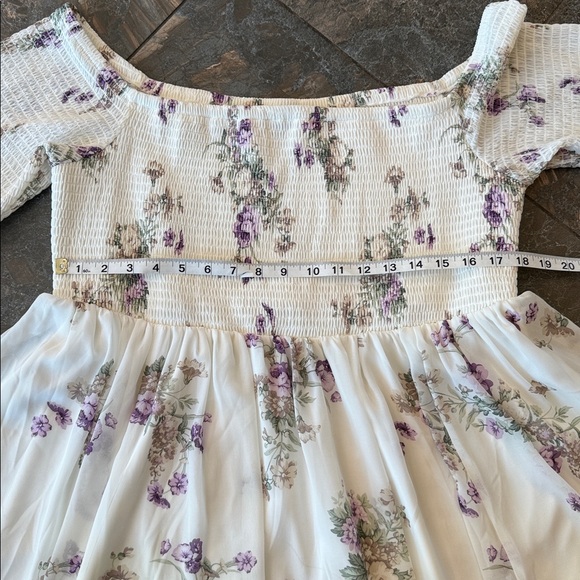 Torrid ivory and purple floral smocked chiffon off-the-shoulder dress - Picture 13 of 15